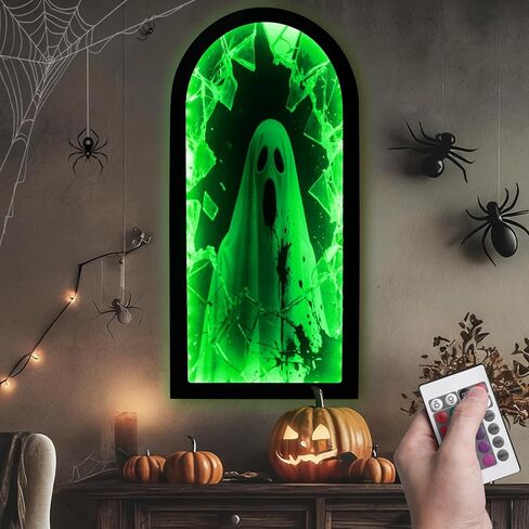 Halloween Decorations Indoor, RGB Color Changing Ghost Hologram Mirror, 2025 Halloween Decor with Remote Control 16 Colors & 4 Modes, Scary LED Mirror for Wall, Fireplace, Mantel, Bedroom Indoor Decor in Saudi Arabia