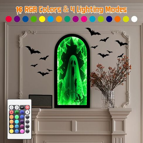 Halloween Decorations Indoor, RGB Color Changing Ghost Hologram Mirror, 2025 Halloween Decor with Remote Control 16 Colors & 4 Modes, Scary LED Mirror for Wall, Fireplace, Mantel, Bedroom Indoor Decor in Saudi Arabia
