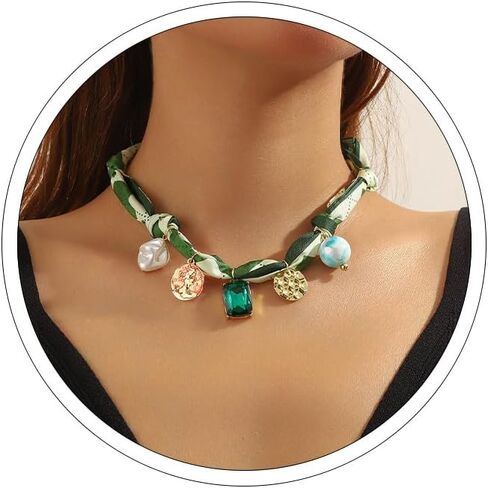 Blue Scarf Necklace with Charm Orange Bandana Necklace with Charms Chunky Flower Gemstone Sun Pearl Heart Pendant Necklaces Green Scarf Necklaces for Women Trendy Jewlery in Saudi Arabia