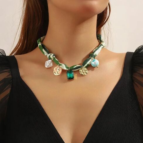 Blue Scarf Necklace with Charm Orange Bandana Necklace with Charms Chunky Flower Gemstone Sun Pearl Heart Pendant Necklaces Green Scarf Necklaces for Women Trendy Jewlery in Saudi Arabia