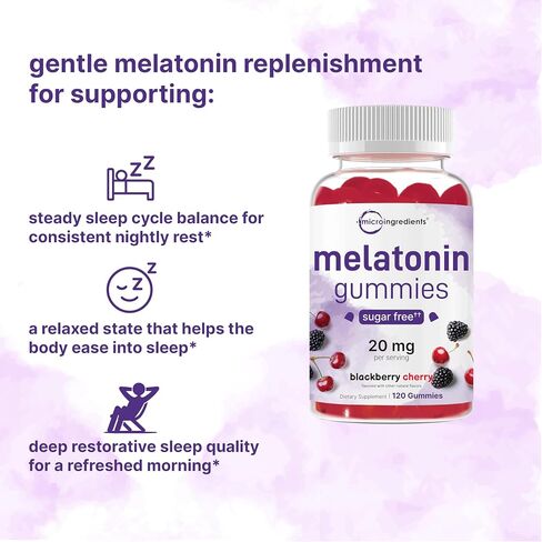 Micro Ingredients Melatonin 20mg Gummies for Adults, 120 Count | Sleep Aid 10mg Melatonin per Gummy | Sugar Free BlackBerry Cherry Flavor | No Drug + Non-Habit-Forming | Non-GMO, Gluten Free in Saudi Arabia