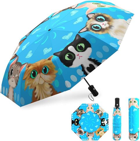 Cat Lover Gifts Portable Cat Umbrella Compact Travel Inverted Umbrellas for Rain Windproof Automatic Folding Umbrellas Open Close Auto Sunshade Parasol Umbrella for Sun UV Protection in Saudi Arabia