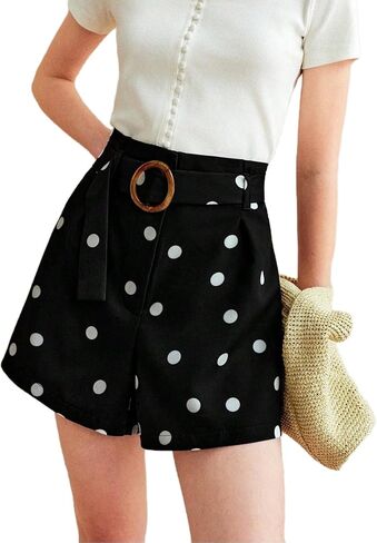 MakeMeChic Women's Polka Dots Shorts Mid Waist Wide Leg Shorts with Belted in Saudi Arabia
