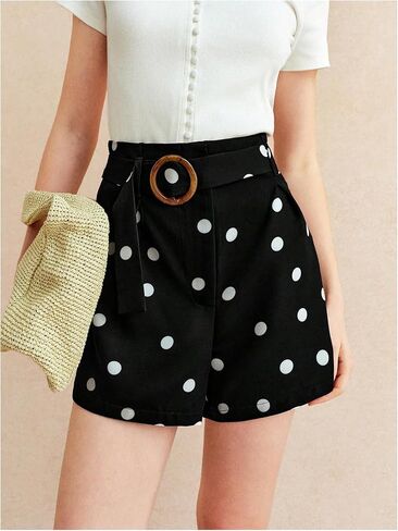 MakeMeChic Women's Polka Dots Shorts Mid Waist Wide Leg Shorts with Belted in Saudi Arabia