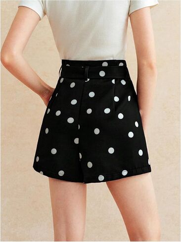 MakeMeChic Women's Polka Dots Shorts Mid Waist Wide Leg Shorts with Belted in Saudi Arabia