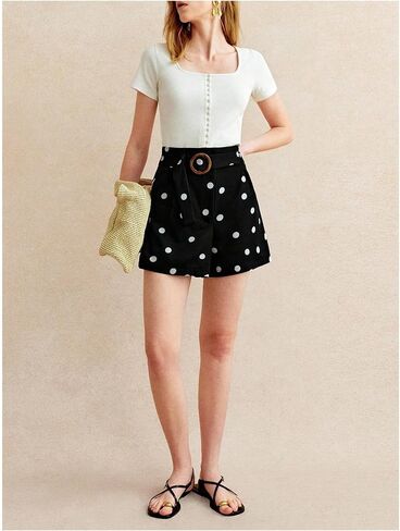 MakeMeChic Women's Polka Dots Shorts Mid Waist Wide Leg Shorts with Belted in Saudi Arabia