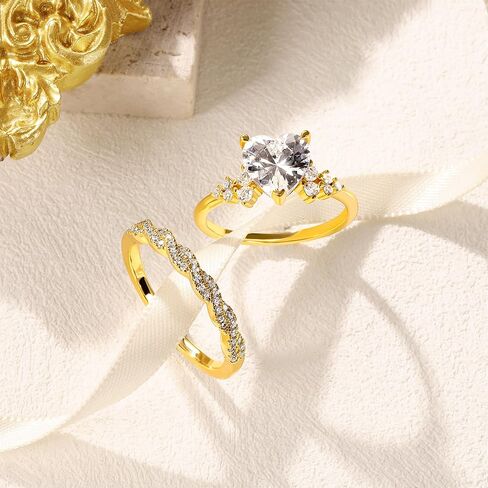 MDFUN 18K Gold Plated Two-in-One Heart/Round/Horse-eye Cubic Zirconia Engagement Promise Rings Eternity Wedding Band for Women in Saudi Arabia