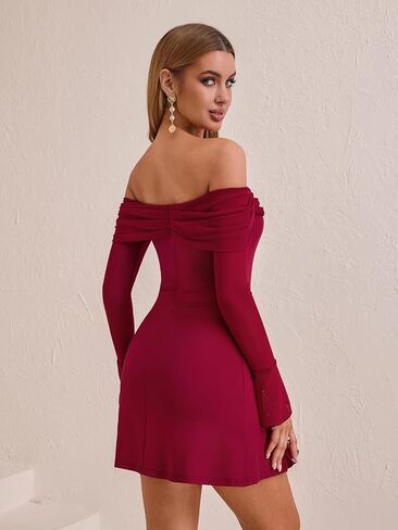 HTZMO Women Long Sleeve Sexy Off Shoulder Bodycon Mini Dress Ruched Side Slit Homecoming Going Out Party Short Dresses in Saudi Arabia
