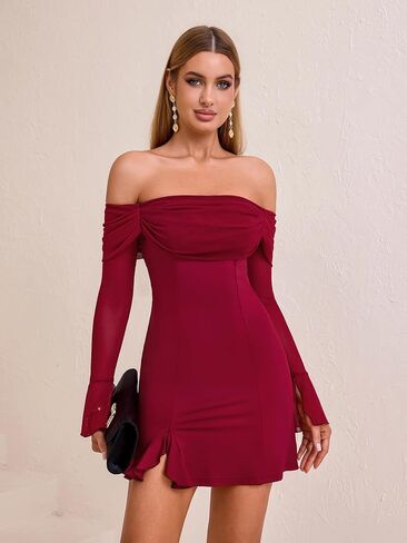 HTZMO Women Long Sleeve Sexy Off Shoulder Bodycon Mini Dress Ruched Side Slit Homecoming Going Out Party Short Dresses in Saudi Arabia