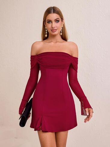 HTZMO Women Long Sleeve Sexy Off Shoulder Bodycon Mini Dress Ruched Side Slit Homecoming Going Out Party Short Dresses in Saudi Arabia