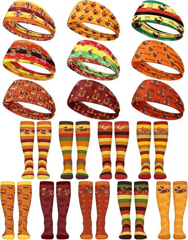 18 Pcs Turkey Trot Costume Set Thanksgiving Sports Headbands Fall Turkey Running Socks Holiday Running Breathable Socks Non Slip Headbands for Men Women Fitness Cycling in Saudi Arabia