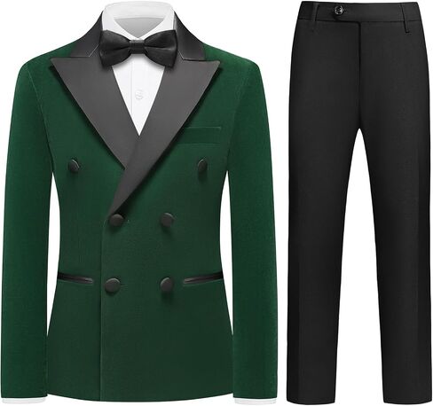 Rogers & Morris Boys Velvet Tuxedo Double Breasted Suit Formal Outfits Slim Fit Kids 3 Piece Suit Set Peak Lapel in Kuwait