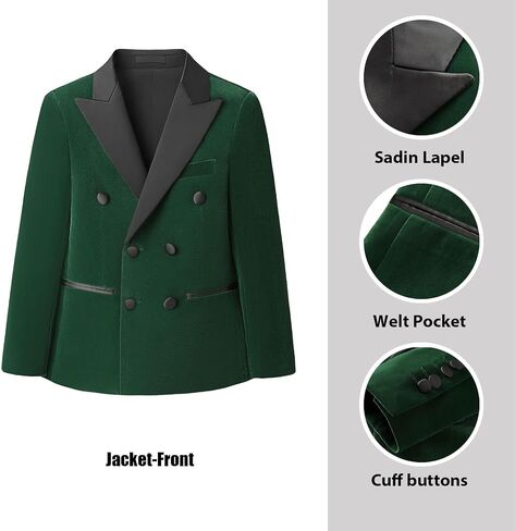 Rogers & Morris Boys Velvet Tuxedo Double Breasted Suit Formal Outfits Slim Fit Kids 3 Piece Suit Set Peak Lapel in Kuwait