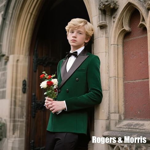 Rogers & Morris Boys Velvet Tuxedo Double Breasted Suit Formal Outfits Slim Fit Kids 3 Piece Suit Set Peak Lapel in Kuwait