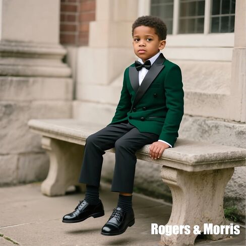 Rogers & Morris Boys Velvet Tuxedo Double Breasted Suit Formal Outfits Slim Fit Kids 3 Piece Suit Set Peak Lapel in Kuwait