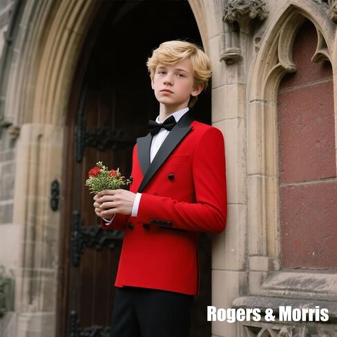 Rogers & Morris Boys Velvet Tuxedo Double Breasted Suit Formal Outfits Slim Fit Kids 3 Piece Suit Set Peak Lapel in Kuwait