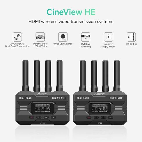 Accsoon CineView HE Wireless HDMI 1148FT (350M) جهاز استقبال إرسال الفيديو اللاسلكي، 2.4 جيجا هرتز و5 جيجا هرتز ثنائي النطاق، مخرج UVC للبث المباشر، 1080p60fps 0.06s الكمون، 4 مراقبة التطبيقات in Kuwait