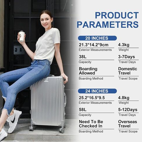 Luggage, Full Aluminum Body Suitcase, 24 Inch 100% Aluminum Hard Shell Luggage, Aluminium Large Suitcase With TSA Locks(Silver, Classic) in Saudi Arabia