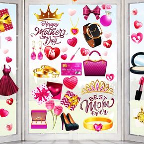 9 Sheet Mother's Day Decorations Window Clings,Pink Happy Mother's Day Window Stickers Best Mom Cosmetic Gift Wearing Decals Window Decals for Glass Windows Party Favor Supplies