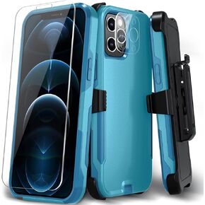 حافظة هاتف iPhone 12 Pro Max، [مقاومة للصدمات] [مسند مشبك حزام] [واقي شاشة من الزجاج المقسى مع واقي عدسة الكاميرا] غطاء عالي التحمل لهاتف iPhone 12 Pro Max 6.7 بوصة (مشبك حزام) in Kuwait