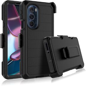 Njjex for Moto Edge Plus 2022 Case, for Motorola Edge+ 5G UW 2022/Edge 30 Pro/Edge X30 Case w/Belt Clip, Built-in Screen Protector Heavy Duty Locking Swivel Holster Kickstand Hard Phone Cover [Black]