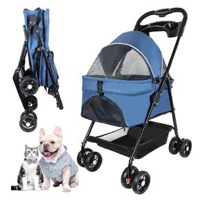 Pet Stroller for Cats/Dogs,4 Wheels Dog Cat Stroller for Up to 30lbs Small Medium Dogs Cats Foldable Puppy Stroller with Storage Basket and Cup Holder.(Blue)