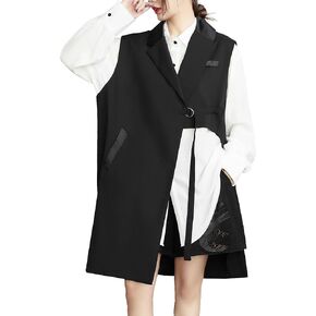 ellazhu Women's Funky Lapel Collar Cardigan Vest Solid Color Sleeveless Outerwear GZ121 A