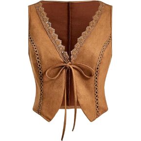 Verdusa Women's Lace Trim Tie Front V Neck Vest Western Cowgirl Sleeveless Jacket