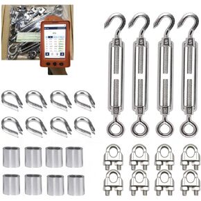 316 Stainless Steel Turnbuckle Kit,Wire Rope/Cable Tensioner, 6-Pcs M5 Hook & Eye Turnbuckle, 12-Pcs M3 Wire Rope Clip Clamp, 12-Pcs M3 Thimble, 12-Pcs M3 Aluminum Sleeve for 1/8 Inch Wire Rope
