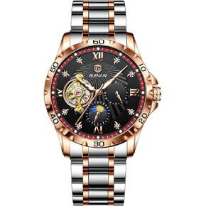 Automatic Watches for Men, Rhinestones Markers Waterproof Watches for Men Stainless Steel Strap Skeleton Self-Winding Mechanical Watch Diamond Dial Wrist Watch Party