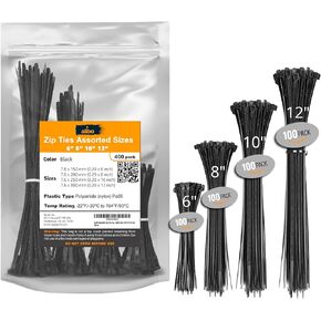 ALBO Zip Ties Assorted Sizes 400 Pack Plastic Cable Ties 6+8+10+12 inch Wire Tie UV Resistant Nylon Tie Wraps Assorted Sizes