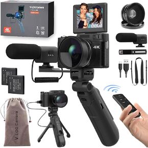 4K Digital Camera with Creator Accessory Kit 48MP Remote Control Vlogging Camera for Vloggers Autofocus Flip Screen Photography Cameras with Tripod Grip, Wide-angle & Macro lens, Mic, Batteries