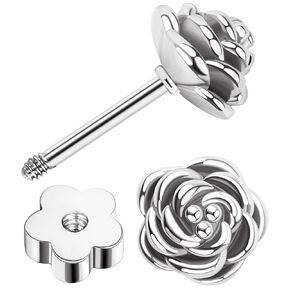 14k Gold Plated Handmade Flower Flat Back Earrings Screw Back Cartilage Earrings Studs Hypoallergenic Nap Earrings Women Helix Piercing Black