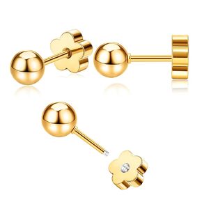 G23 Titanium Flower Screw Back Ball Earrings for Sensitive Skin 14k Gold Ball Stud Earrings for Women 20g Hypoallergenic Handmade Nap Earrings for Cartilage Piercing 2-4mm (Gold Tone, 2mm)