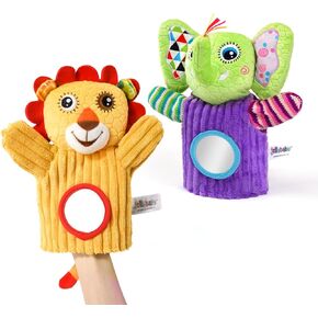 Jollybaby Plush Stuffed Animal Hand Puppets Toys for Kids, Sensory Doll with Rattle and Mirror for Toddler, Social Emotional Play Therapy Toys for Preschool Boys and Girls Gift