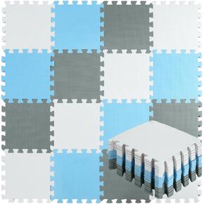 54 Pcs Interlocking Puzzle Exercise Mats for Home Workout 11.8 x 11.8 Inch Foam Baby Play Mats for Floor EVA Gym Floor Tiles Soft Floor Padding for Kids Nursery Playroom (Blue, White, Gray)