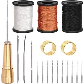 Swpeet 19Pcs Portable Canvas Leather Sewing Awl and Needle Kit with Nylon Waxed Cord Thread Thimble Assortment Kit, Copper Handle Leather Sewing Tools Sewing Awl for Leather, Shoe and Repair