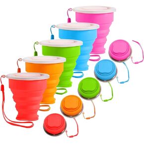 5Pcs Silicone Collapsible Cup for Travel, Reusable Folding Camping Cup Mug with Lids, Portable Expandable Drinking Cup Collapsible Water Cups Mugs Set Telescopic Camping Tumblers for Hiking
