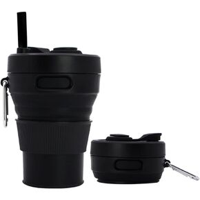 Silicone Coffee Mug Collapsible Cups for Camping Folding Travel with Straw Reusable Portable Drinking Cups Outdoor Hiking 450ml (Black-450ml, 1)