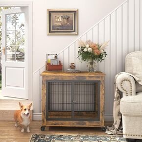 NicBex Dog Crate Furniture Wooden Dog Crate with 2 Feeding Bowls Heavy-Duty Indoor Dog Kennel with 3 Doors Flip-up Top Opening, Dog Cage Table for Small/Medium/Large Dog, 43.7" W, Vintage Grey