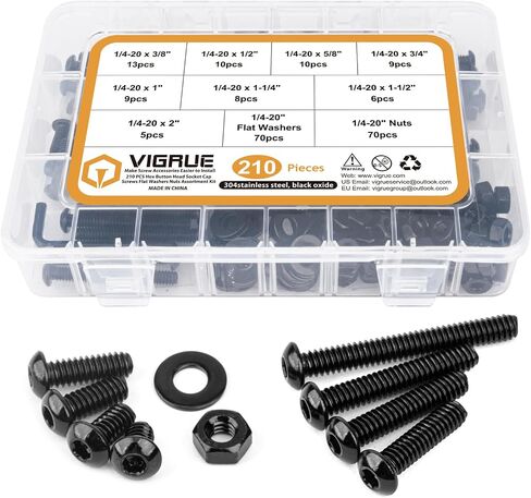 VIGRUE 1/4-20 x 3/8" to 2" Button Head Socket Cap Bolts Screws Nuts Washers Assortment Kit, Black Oxide 304 Stainless Steel 18-8, Allen Hex Drive,210pcs in Kuwait