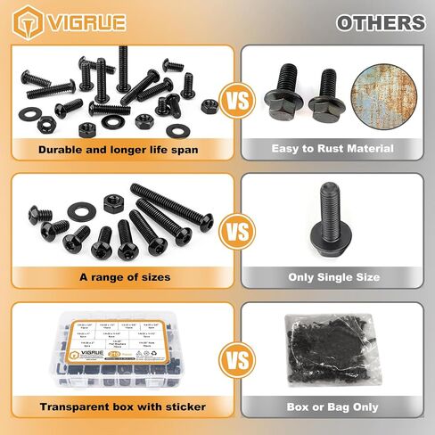 VIGRUE 1/4-20 x 3/8" to 2" Button Head Socket Cap Bolts Screws Nuts Washers Assortment Kit, Black Oxide 304 Stainless Steel 18-8, Allen Hex Drive,210pcs in Kuwait