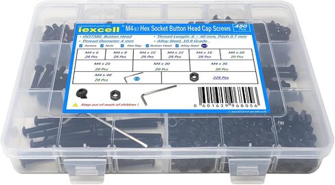 iexcell 450 Pcs M4 x 6/8/10/12/16/20/25/30/35/40 Alloy Steel 10.9 Grade Hex Socket Button Head Cap Screws Bolts Nuts Assortment Kit, Black Oxide Finish in Saudi Arabia