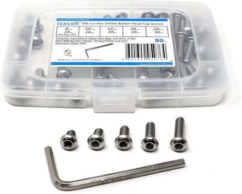 Iexcell 50 قطعة M6 x 8/10/12/16/20 من الفولاذ المقاوم للصدأ 304 مقبس سداسي الشكل وزر غطاء الرأس ومجموعة متنوعة من البراغي، درجة الخيط 1.0 مم in Saudi Arabia
