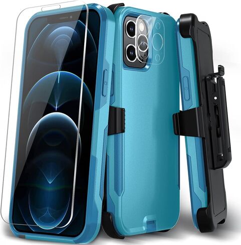 حافظة هاتف iPhone 12 Pro Max، [مقاومة للصدمات] [مسند مشبك حزام] [واقي شاشة من الزجاج المقسى مع واقي عدسة الكاميرا] غطاء عالي التحمل لهاتف iPhone 12 Pro Max 6.7 بوصة (مشبك حزام) in Kuwait
