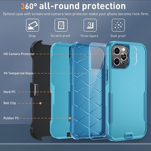 حافظة هاتف iPhone 12 Pro Max، [مقاومة للصدمات] [مسند مشبك حزام] [واقي شاشة من الزجاج المقسى مع واقي عدسة الكاميرا] غطاء عالي التحمل لهاتف iPhone 12 Pro Max 6.7 بوصة (مشبك حزام) in Kuwait