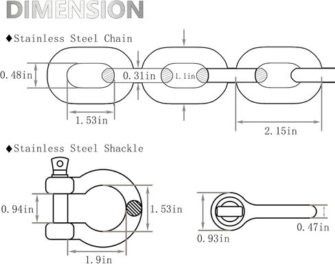 سلسلة من الفولاذ المقاوم للصدأ، مع أغلال سلسلة ربط معدنية Lsqurel سلسلة سحب شديدة التحمل 1/4 بوصة 5/16 بوصة سلسلة أدوات مضادة للصدأ للدرابزين والتأرجح والرفع والمقطورة وما إلى ذلك (1/4 بوصة - 6.5 قدم) in Kuwait