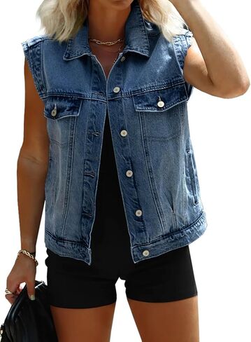 Imily Bela Womens Denim Vest Classic Button Down Sleeveless Jean Jackets Cropped Distressed Vest in Saudi Arabia