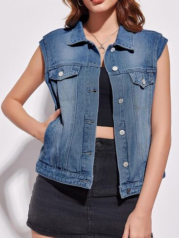 Imily Bela Womens Denim Vest Classic Button Down Sleeveless Jean Jackets Cropped Distressed Vest in Saudi Arabia