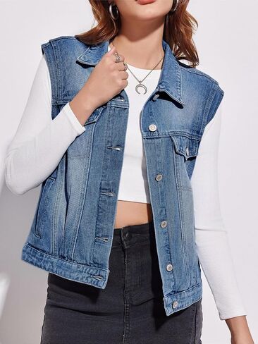 Imily Bela Womens Denim Vest Classic Button Down Sleeveless Jean Jackets Cropped Distressed Vest in Saudi Arabia